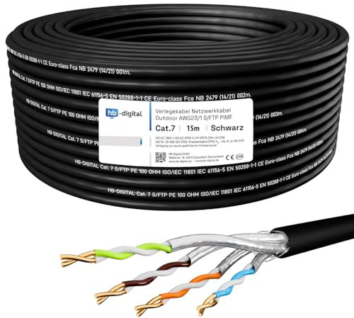 hb-digital 15m CAT 7 Cable de instalación Ethernet 1000MHz 10Gbits al aire libre negro AWG23/1 PE S/FTP doble blindaje PIMF Puro Cobre Instalación de red