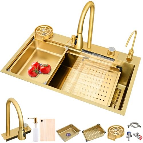 Kitchen Sink Stainless Steel Raindance Waterfall Sink Workstation Kitchen Sink with Pull-Out Faucet,Pressurized Cup Washer (Gold, 68 * 45CM)
