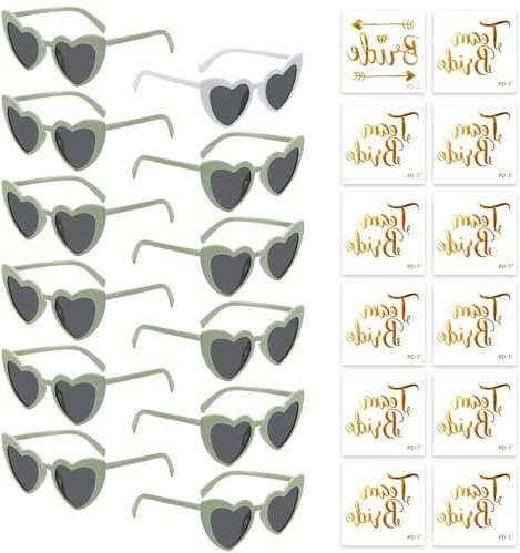 Partybrille Herz Sonnenbrille,12 Bride to Be Herz Sonnenbrille und 12 Team Bride Tattoo Aufkleber,Party Sonnenbrille Team Bride,Hippie Herzförmige Brille,JGA Partybrillen und JGA Deko Accessoires