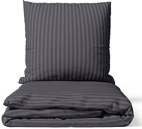 Visaggio 4 teilige Bettwäsche 135x200 cm Mikrofaser Damast Bettbezug Set mit Reißverschluss Gestreift Modern Anthrazit