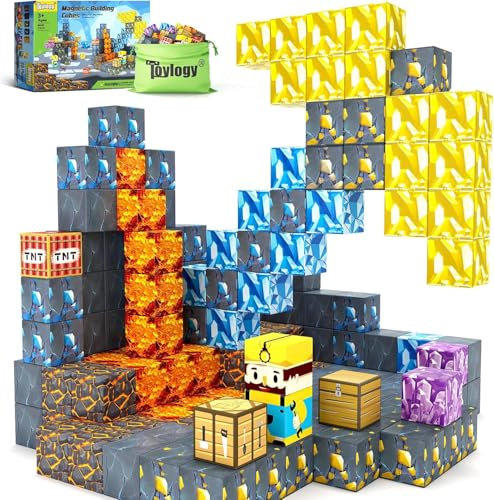 Magnetische Bausteine-Bauen Mine Magnete Welt Sword Edition Mine Spitzhacke Caverns Magnetic Tiles für Jungen und Mädchen ab 3-4 4-5 6-8, Montessori Outdoor Spielzeug Kinder Spiele für Kinder ab 3+