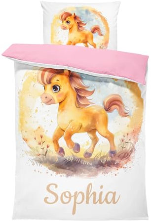 Pictogogo Süßes Pferd-Design Kleinkindbettwäsche für Mädchen und Jungen mit Namen, Personalisiert, Wählbare Baumwollunterfarbe (Weiß, Rosa, Blau, Grau), Oeko-TEX, 100 x 135 cm