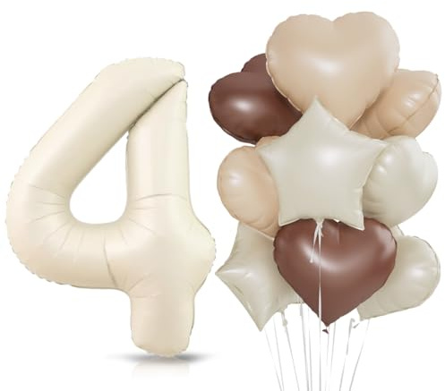 Beige Luftballon 4.Geburtstag,Cremeweiß 4. Geburtstag Ballon Deko,XXL 40 Zoll luftballon 4.，Beige Aprikose Braun Herz Stern Folienballons，für 4 Jahre Geburtstagsdeko Jubiläum Party Dekoration