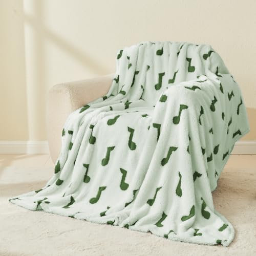PLEVONITH Grüne Überwurfdecke für Couch, 3D-Musikmuster, Fleece-Überwurfdecke für Heimdekoration, Winterdecke, 127 x 152 cm (300 g/m²)