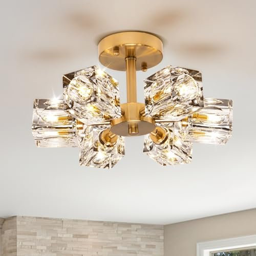 JUJUQI Modern Kistall Halbbündig Deckenleuchte Wohnzimmer,6-Lichter Gold K9 Kristall Kronleuchter,Industrie Hängeleuchte für Schlafzimmer,Küche,Flur,brthroom,Eingang,Esszimmer