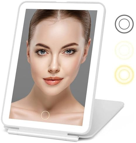 Biglumin Espejo Maquillaje - Espejo LED, Espejo con luz, Espejo de Maquillaje con Luces, Espejos de Aumento iluminados portátiles, Pantalla táctil Regulable, 3 Colores de luz Ajustables. (Blanco)