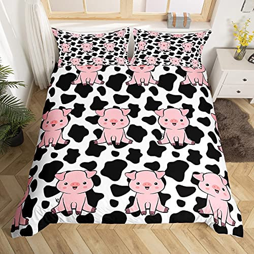 Homemissing Porcs Housse de Couette 220x240cm Enfants Mignon Cochon Rose Parure de Lit Noir Blanc Vache Parure de Lit Filles Dessin animé Animaux de la Ferme Parure de Lit Super Doux