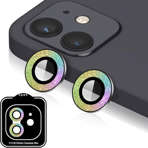 Beukei Protection Camera Glitter pour iPhone 11/12/12 Mini Verre Trempé, Protege Objectif Camera [Ultra HD][Dureté 9H][Anti Rayures] Titane Couleur