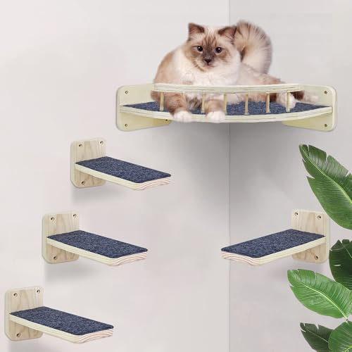 Shiawase Mur d'escalade pour Chat, Escalier Mural et lit d'angle avec Tapis Antidérapant, Ensemble de 5 Meubles en Bois, Arbre a Chat Mural avec vis de Fixation, Jusqu'à 15 kg, Arbre à 1Chat