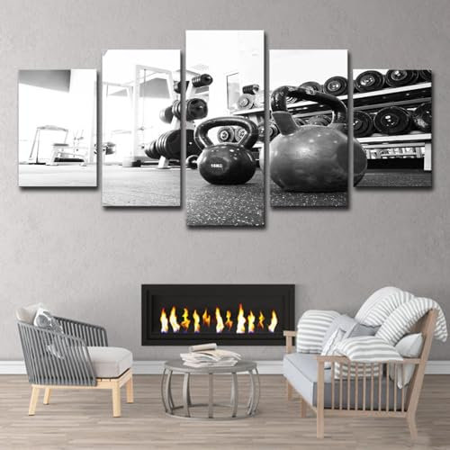CUNNVN Patrón de equipo de gimnasio con mancuernas de gimnasio gris 5 piezas de pinturas en lienzo HD Ancho total*alto total: 200 * 100cm para dormitorio habitación niños sala estar decor paredes
