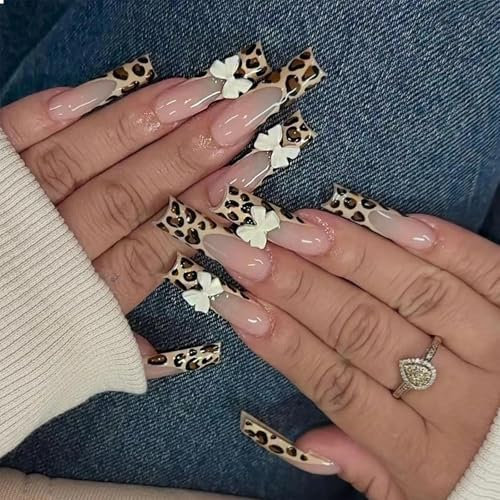 GlamRays Leopard Press On Nails Sets - Long Oval False Nails With White Key Bow Charms Design - Cheetah & French Lace Adhesive Nails - Shiny Pack of 24