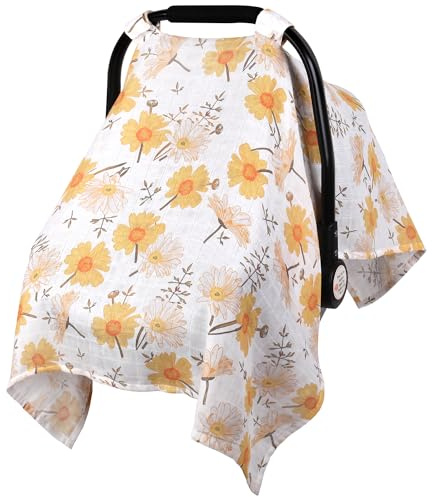 Metplus Muslin Baby Car Seat Cover, Infant Carseat Canopy for Girls Boys | Breathable Baby Carrier Cover, Lightweight Stroller Sun Shade, Fit Spring Summer/Hot Days, Newborn Essentials, Daisy
