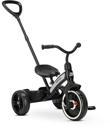 Deryan Wanderer 2 in 1 Laufrad Dreirad - Dreirad ab 2 bis 6 Jahre, Kinderdreirad mit schubstange, Kinderfahrrad mit Pedalen, Laufräder Lauffahrrad inkl. Lenkstange (Schwarz)