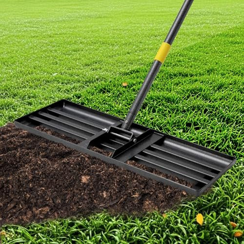 Rastrillo de nivelación de césped, rastrillo de nivelación de césped de 60 pulgadas ajustable de mango largo, herramienta niveladora de césped curvada de 10 x 27 pulgadas para suelo, césped, campos de