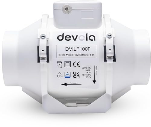 Devola Inline Mixed Flow 100 mm Bathroom Fan, 4 Inch Extractor Fan With Timer For Kitchen & Bathroom, Made in Britain