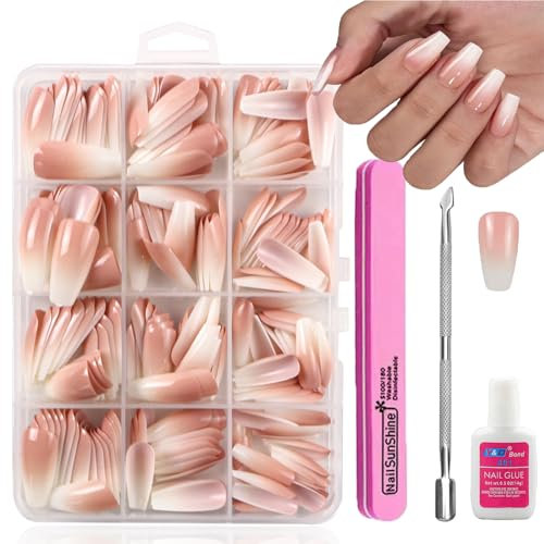 240Pcs Natural Gradient Pink False Nails Set - Acrylic Coffin Fake Nails with Glue - Glossy Press on Nails for Women - 12 Sizes Stick On & Glue on Manicure Kit