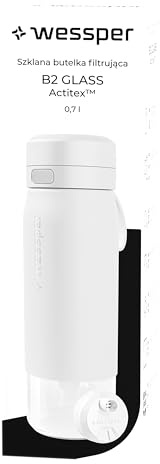 Wessper Gourde Filtrante, 700 ml, Gourde en Verre Borosilicaté, avec FIltre Actitex DISC, Compteur de Femplacement du filtre a eau Intégré, Réduit le Chlore, BPA FREE - Blanc