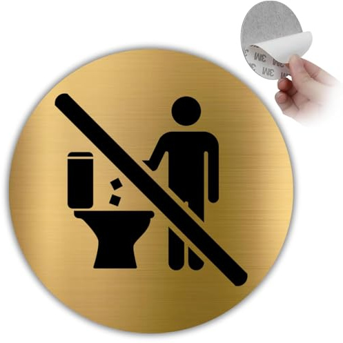 LEIASA | Cartello Non Gettare nel WC - Ø 10 cm - Alluminio Dorato - Scarico | Adesivo Vietato Buttare Salviette, Segnale Divieto Cotton Fioc, Placca Non Gettare Oggetti, Targa Solo Carta Igienica