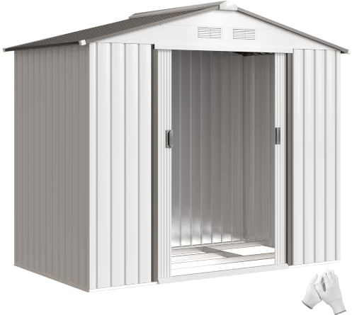 Outsunny Casetta da Giardino 2.5m² in Acciaio Zincato con Basamento e Prese d'Aria, Capanno Porta Attrezzi con Tetto Inclinato, Doppie Porte Scorrevoli Bloccabili, 213x130x185 cm, Bianco Argentato