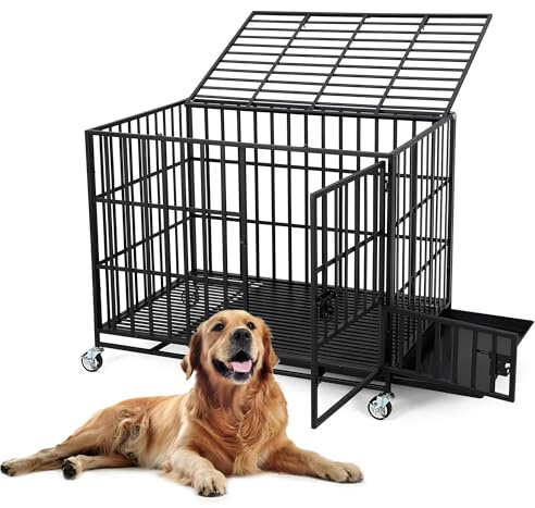 125cm Schwerlastige Metall-Hundebox Mit 3 Türen, Fluchtsicherer Hundekäfig Für Innen Mit Ablageboden Und Rädern, Extra Großer Hundehütte Für Große Und Mittelgroße Hunde, Leicht Zu Reinigen(Schwarz)
