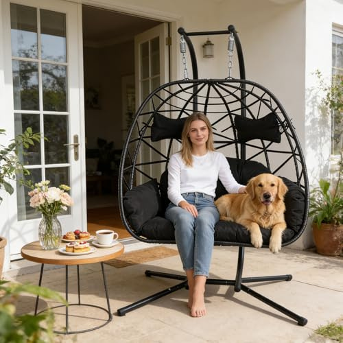 Doppelter Eier-Hängesessel mit Ständer, Outdoor-Rattan-Korbschaukelstuhl mit Kissen,Hängeschaukel Terrassenkorb-Hängesessel Korbhängesessel Schaukelstuhl für Innenschlafzimmer Balkon Garten 600 Pfund
