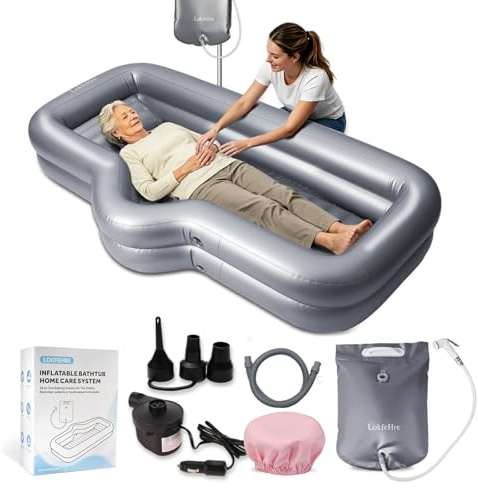 LOKFEHRE Medical Inflatable Bathtub for Bedridden - One Person Drainage, Curved Side, Built-in Air Cushion, Electric Pump - Portable Bed Bath Tub for Elderly, Disabled & Seniors