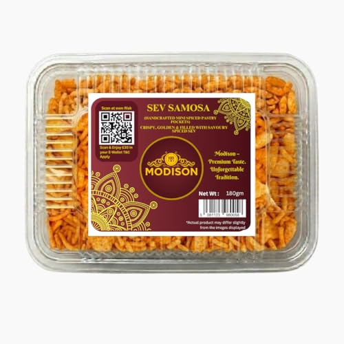Modison Sev Samosa 180g - Handcrafted Mini Spiced Pastry Pockets with Crispy Savoury Sev - Authentic Indian Namkeen Snack - Spicy, Tangy & Masaledar Crunchy Mix