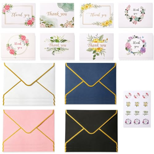Piacolnic 12er Dankeschön Karte Danke Set, 8 Designs Danke Karten mit Umschlägen und Stickern, Florale Dankeskarten mit Umschlag als Dankeskarten für Hochzeit Abschluss Feier