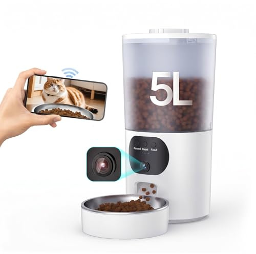 BrooBirder Futterautomat Katze 5L mit Kamera für Trockenfutter | Dualband-WLAN, 304 Edelstahlnapf, Farbnachtsicht, Bewegungserkennung, Batteriebackup, 10 Mahlzeiten Plan, Antiverstopfung