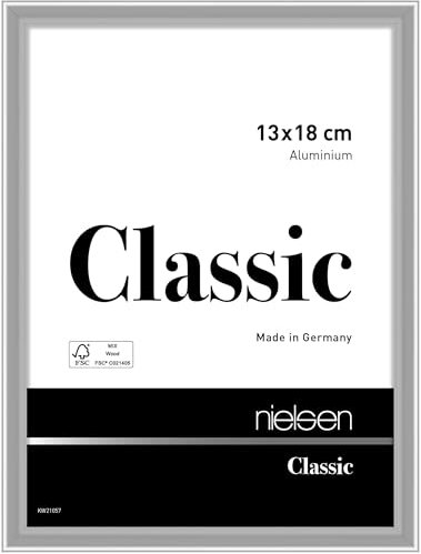 nielsen Bilderrahmen, 13 x 18 cm, Aluminium, Silber glanz, Fotorahmen zum Auftstellen und Aufhängen im Hoch- & Querformat, Echtglas, Classic