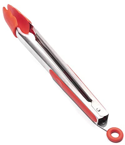 Jazooli Silicone Kitchen Tongs 34cm / 13” Inch, Non-Slip & Easy Grip Stainless Steel Handle | Locking Clip - Heat Resistant | Handy Utensil for Cooking (Red)