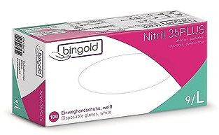 BINGOLD Gants jetables Nitrile 35PLUS, blancs, boîte de 100 gants, taille L