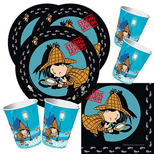 Partystrolche Detektiv Flo 52-teiliges Partyset Teller Becher Servietten für 16 Kinder