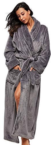 BELLOO Unisex Flannel Dressing Gown Cozy Coral Fleece Bathrobe Long Style, Grey XL