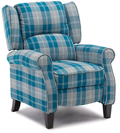 More4Homes EATON WING BACK FIRESIDE CHECK FABRIC RECLINER ARMCHAIR SOFA CHAIR RECLINING CINEMA (Blue)