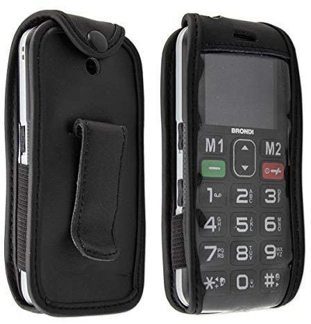 caseroxx Borsa in pelle con clip da cintura per Brondi Amico Semplice +, Funda carcasa vera pelle (con finestra trasparente) in nero