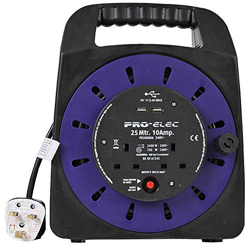 Pro Elec PEL00806 10A 2-Gang Handbag Reel mains Extension with 2x USB Charging Ports, 25 m