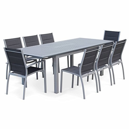 sweeek Alice's Garden - Table de Jardin Extensible Aluminium + 8 assises - Chicago Gris - Table en Aluminium 175/245cm avec rallonge et 8 assises en textilène