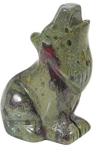 Lovionus89 Handgeschnitzte Wolfsfigur aus Kristall & Edelstein (6,3cm), Kleiner Wolf als Wächter Steinfigur, Unikate Deko Tierfigur & Briefbeschwerer, Drachenblutstein