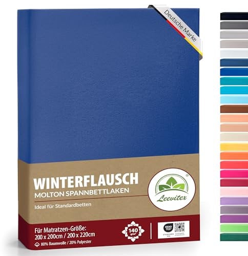 Winter Spannbettlaken | Farbenfrohes Thermo Fleece | Spannbetttuch, Bettlaken in vielen Größen und Farben (200x220 cm +40cm Steg, Royalblau/Königsblau)