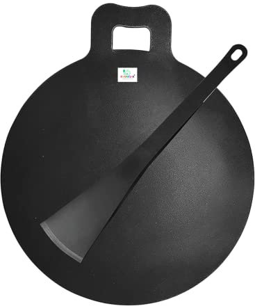 Nakshathra Dosa Tawa - Large Size Iron Dosa Kallu Cookware - 14 In with Handle, Export Quality, Black