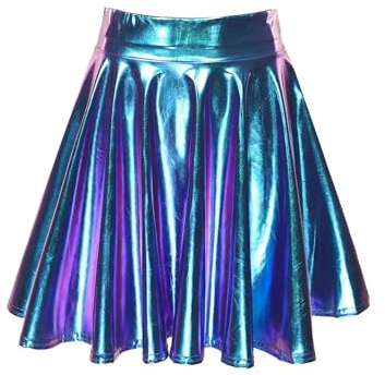 Damen Stretch Skater Rock Informell Mini Glocken Rock Hohe Taille Metallic Faltenrock Lederoptik Glänzend Fasching Karneval Halloween Kostüm