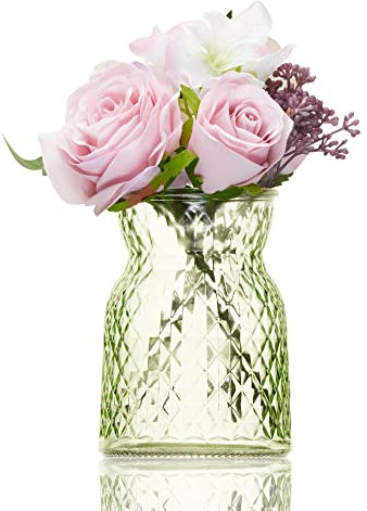Vase à Fleurs Vert Texturé - Petit Vase en Verre Décoratif 14 cm pour Pivoine, Roses, Pois de Senteur - Mini Ornement Vert