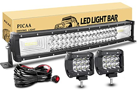 PICAA led Arbeitsscheinwerfer Bar 22 Zoll 53cm 270W 7D Gewolbt Lichtbalken | Drei Reihen, 12V, Zusatzscheinwerfer Bar, Mit 2 Stück 4 Zoll LED Arbeitslicht, für SUV Offroad ATV UTV Traktor 4x4 Auto,6000K