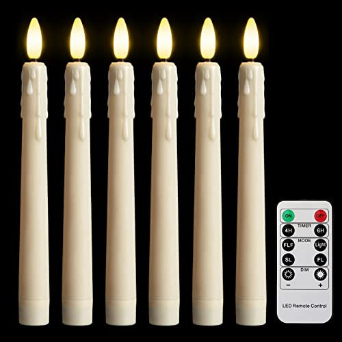 FREEPOWER 6pcs Flameless Taper Candles Flickering with Remote Timer, Battery Operated LED Window Candles Warm White Light, 3D Wick, Dripping Wax Appearance, Christmas Decor (0.78 x 8.26 inch)