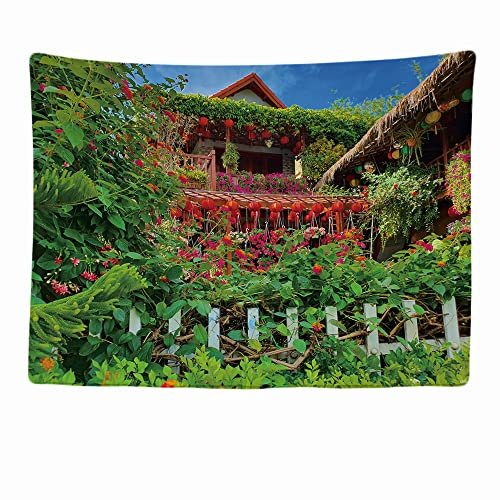 Ulticool - Pflanzen Garten Vietnam Laterne - Wandteppich - 200x150 cm - Großer Wandteppich - Poster Verzierung - Dekoration - Tapete - Leinwand - Malerei - Zubehör Raumteiler - Grün Rot