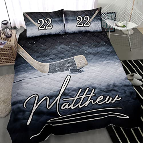 Custom Ice Hockey Stick And Puck Player Fan Gift Idea Personalized Name Number Quilt Blanket & Pillowcases, Quilts Bedding Set & Pillow Cover, King Queen Double Twin Throw Full Size Bedspread Bed Sets
