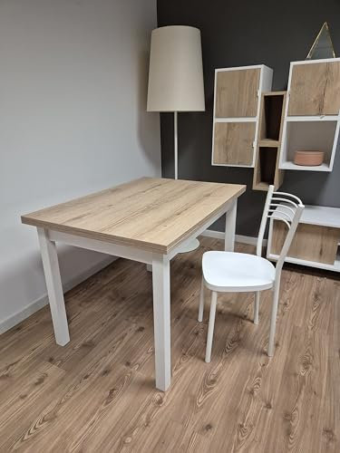 icreo Table extensible moderne ERMES 110/170 x 80 cm H78 chêne naturel structure blanche avec 2 rallonges amovibles de 30 cm en mélaminé de haute qualité