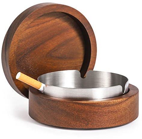 DDAJJAJ Cendrier en bois avec couvercle pour fumoirs, doublure en acier inoxydable, cendrier coupe-vent, durable, facile à nettoyer, terrasse, bureau et maison (Brun)