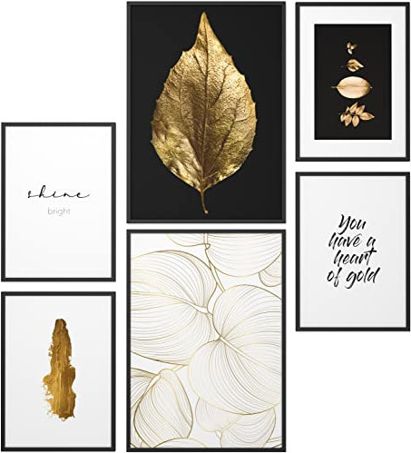 Papierschmiede® XXL Mood Poster Set Blattgold, Gerahmte Bilder (Aluminium Rahmen, Farbe wählbar), Wohnzimmer Deko Wandbilder Schlafzimmer, 2x A2 und 4x A3, Golden Shine Bright